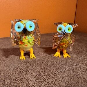Handblown Glass Owl Figurines - Yellow & Multicolor